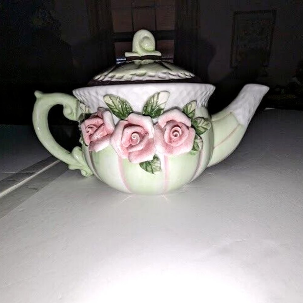 VTG Bloom Rite Pink Rose Lt Green Teapot Porcelain Pottery Dimensional Flowers